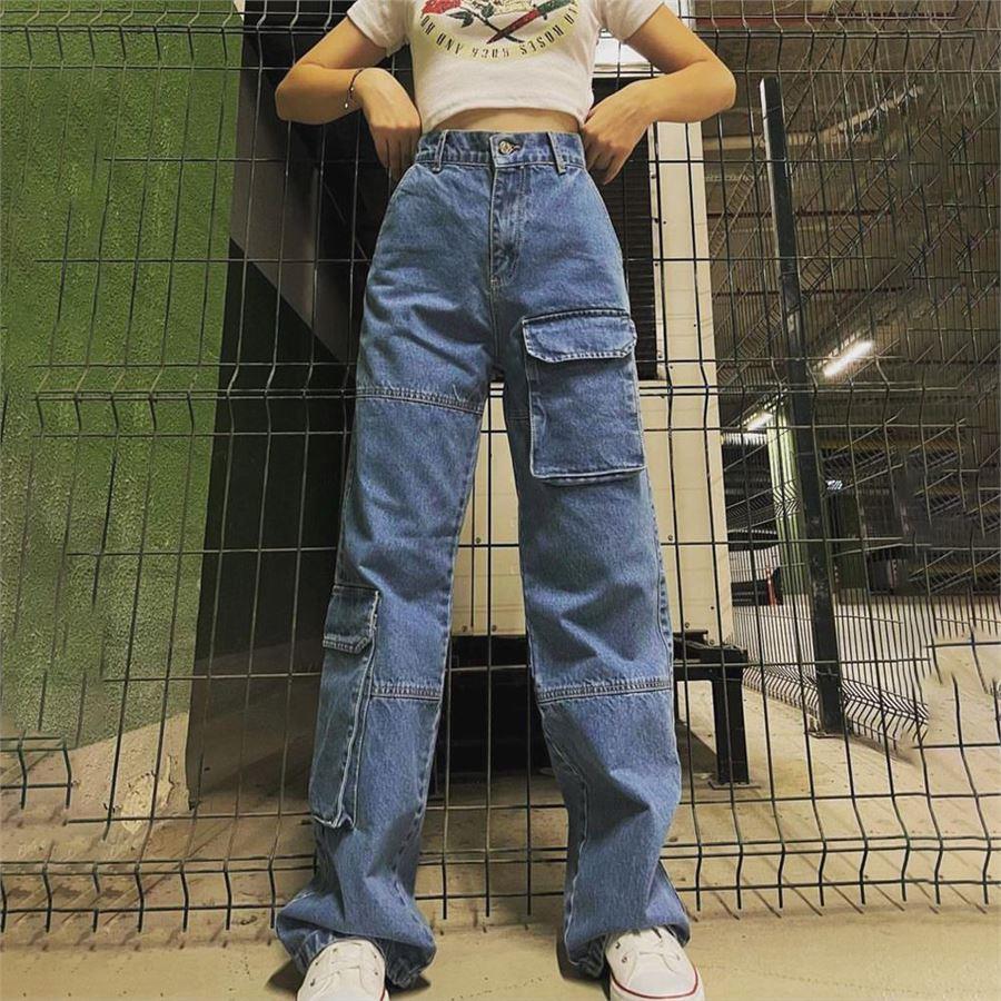 Asimetrik Cep Detaylı Mavi Kargo Kot Pantolon