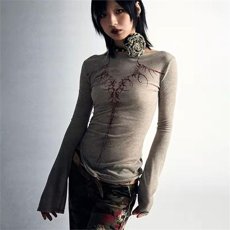 Bej Slayer Horn Kırmızı Sırt Desenli Y2K Uzun Kollu Bluz