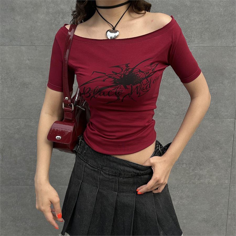 Bordo Black Widow Omuzu Açık Spider Kısa Kollu Crop