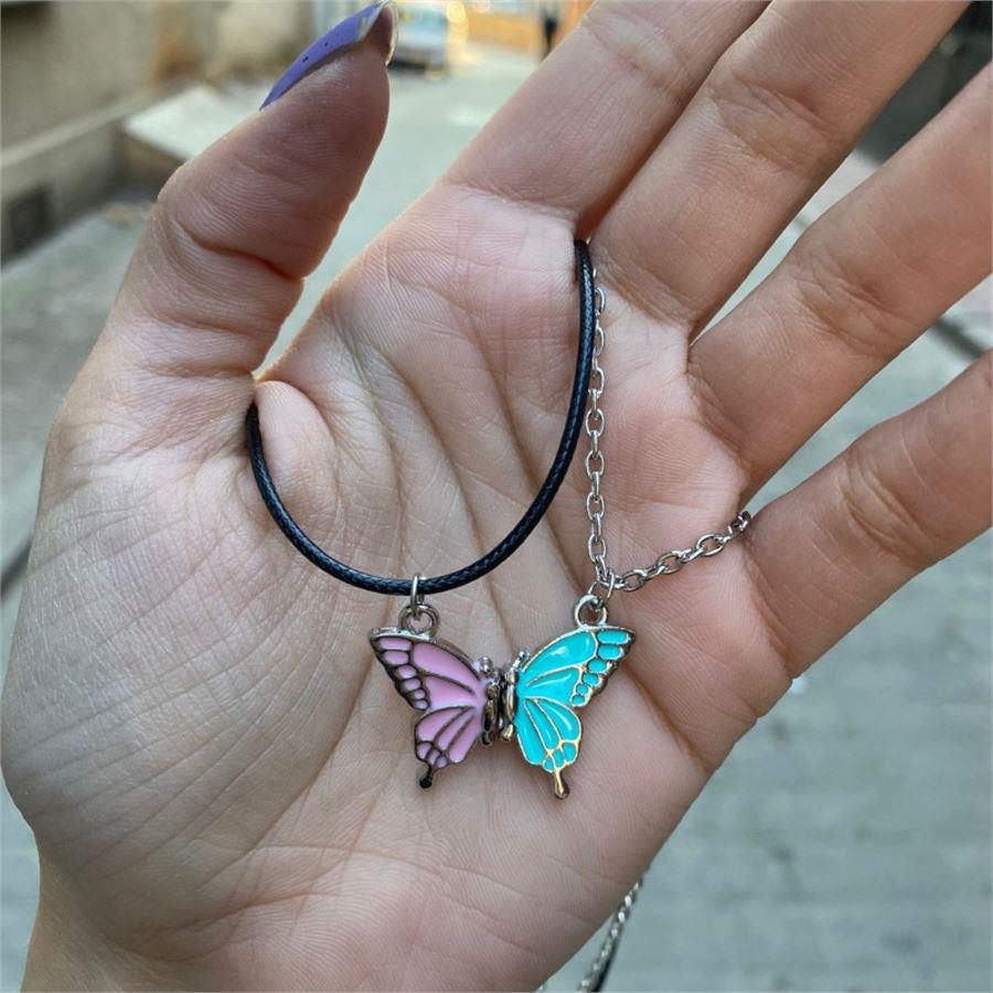 Butterfly Mıknatıslı Mavi - Pembe Çift Kolye