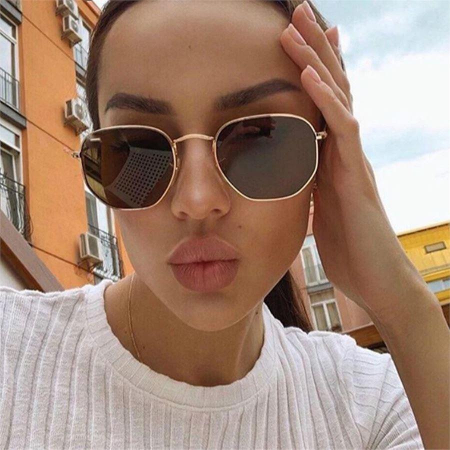 Gold Çerçeveli Kahverengi Camlı Beşgen Güneş Gözlüğü