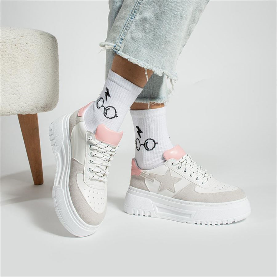 Krem Star Yüksek Taban Bağcıklı Sneaker Ayakkabı