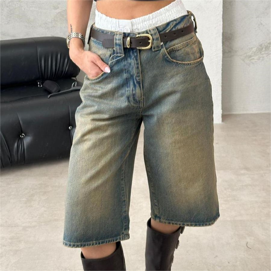 Mavi Vintage Kahverengi Taşlanmış Yıkamalı Retro Kısa Paçalı Kot Şortolon