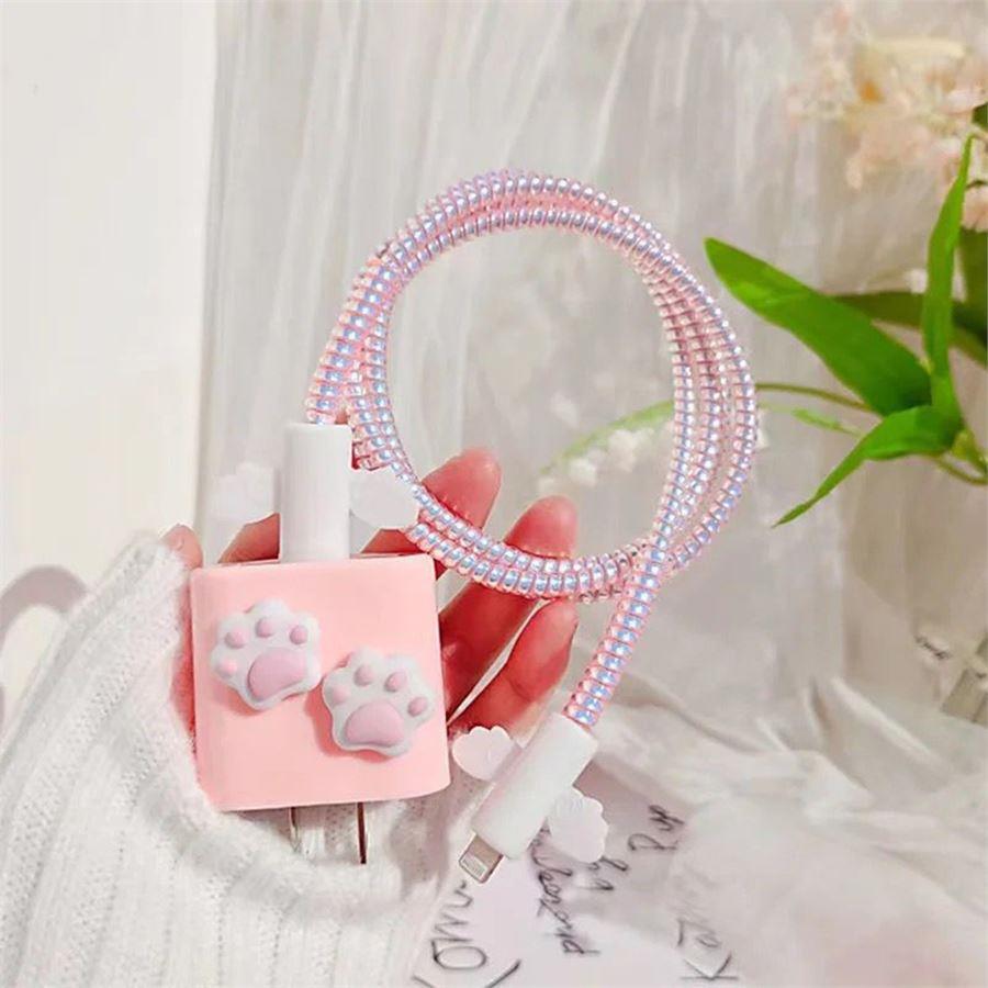 Pembe Kedi Patili Şarj Adaptörü Ve Kablo Koruyucu
