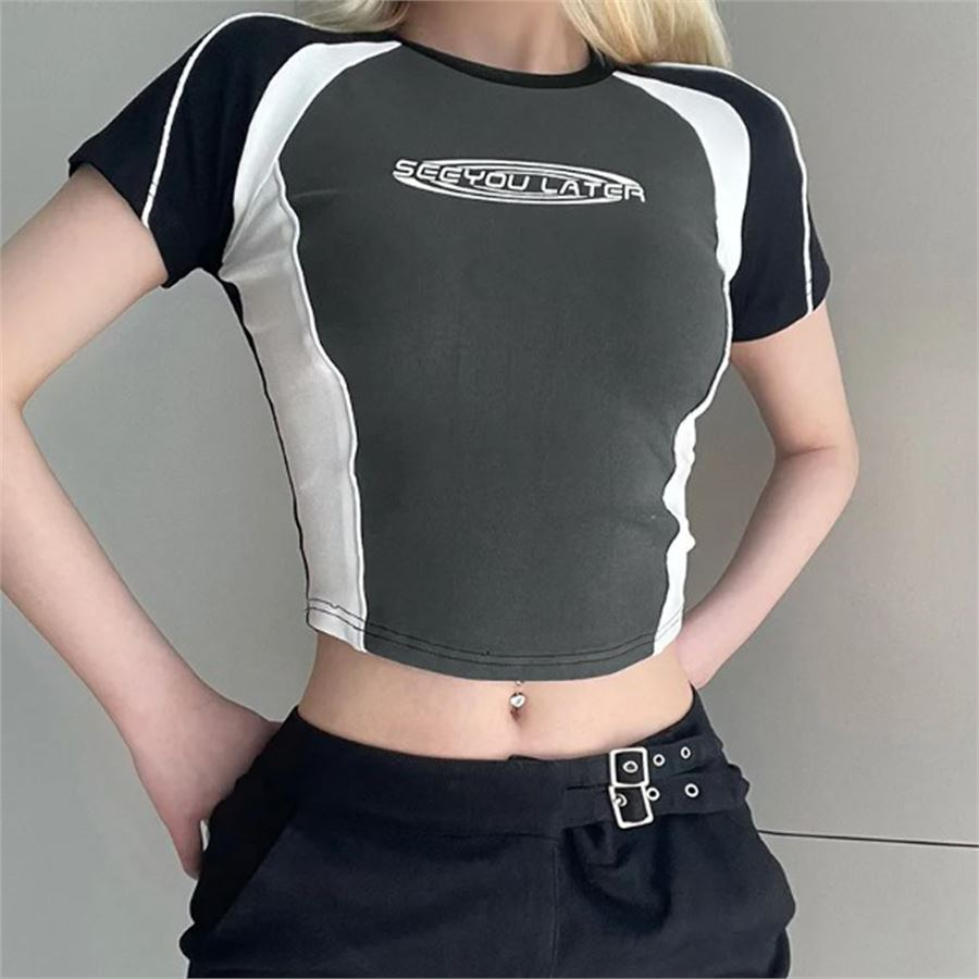 See You Later Şeritli Gri Kısa Kollu Crop 