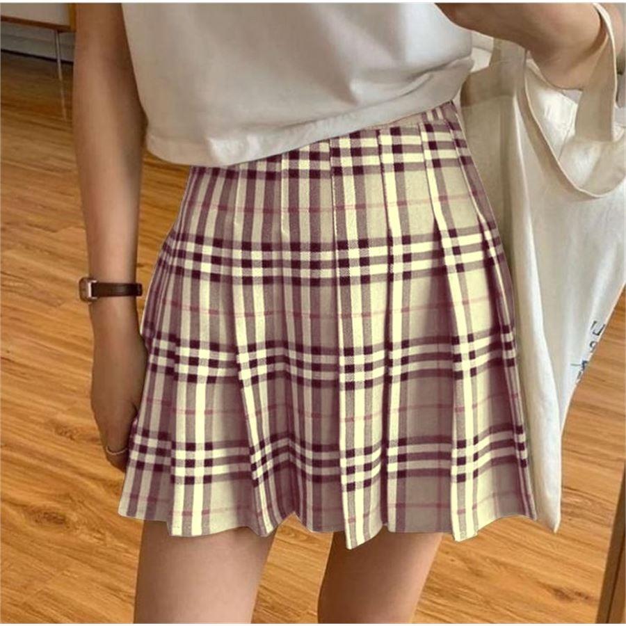 Siyah Beyaz Çizgili Bej Ekose Etek