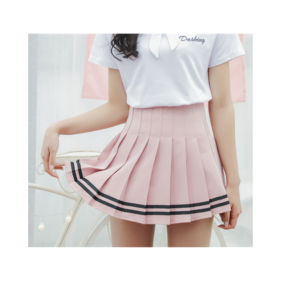 Siyah Şerit Detay Pembe Pileli Etek