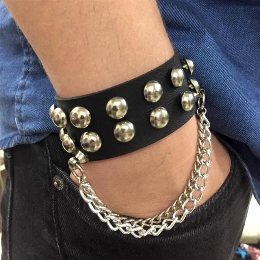 Yuvarlak Metal Detaylı Zincirli Deri Bileklik