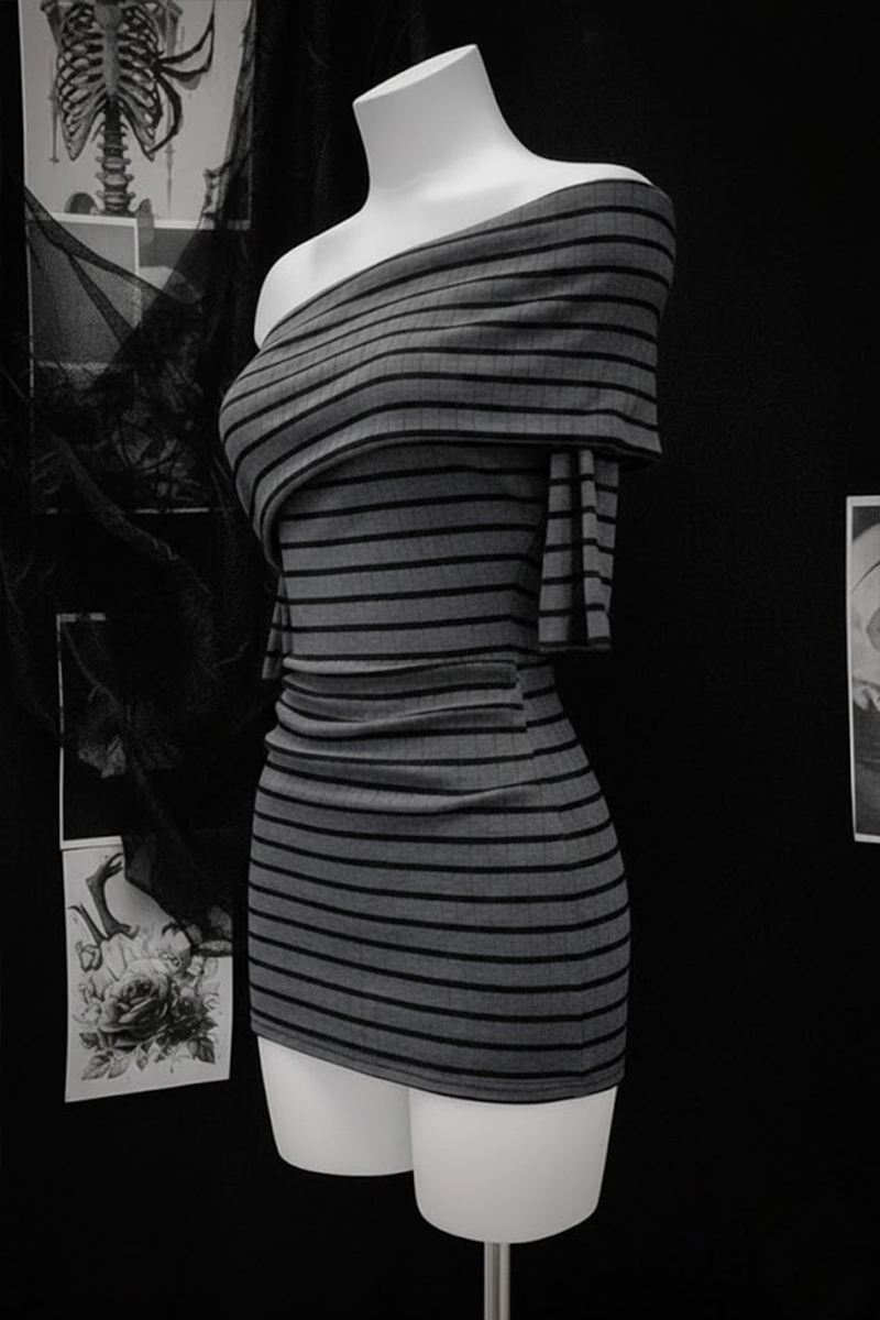 Antrasit Siyah Çizgili Omuz Dekolteli Kısa Kollu Bodycon Elbise