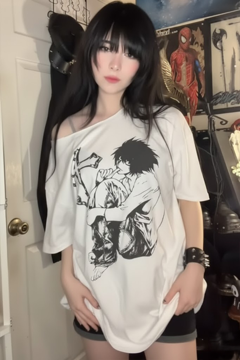 Beyaz Anime Death Note L Cross Y2K Kısa Kollu Off-Shoulder T-Shirt
