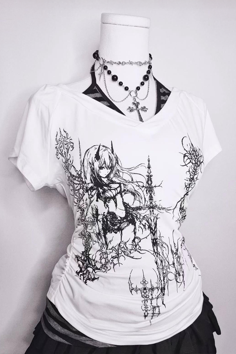 Beyaz Anime Sword Tribal Gotik Ek Askılı Y2K Kısa Kollu Crop
