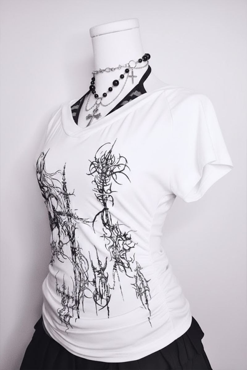 Beyaz Anime Sword Tribal Gotik Ek Askılı Y2K Kısa Kollu Crop
