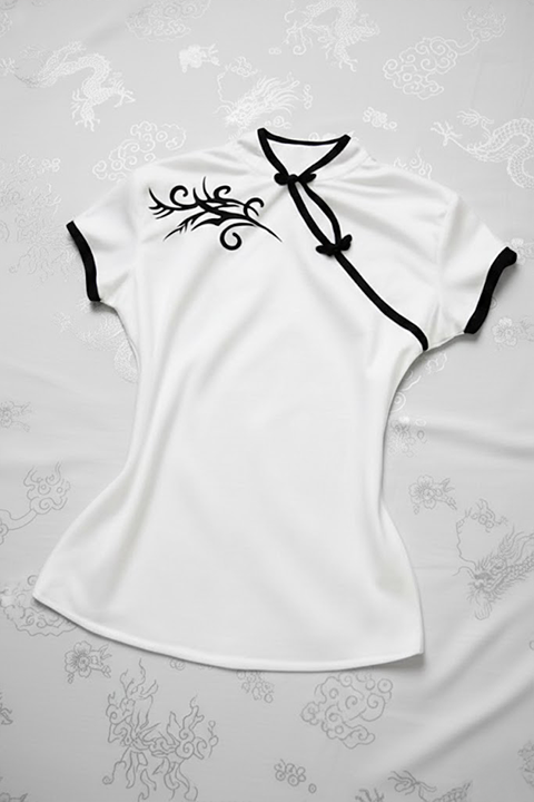 Beyaz Çin Yakalı Floral Motifli Beyaz Şeritli Vintage Y2K Kısa Kollu Crop