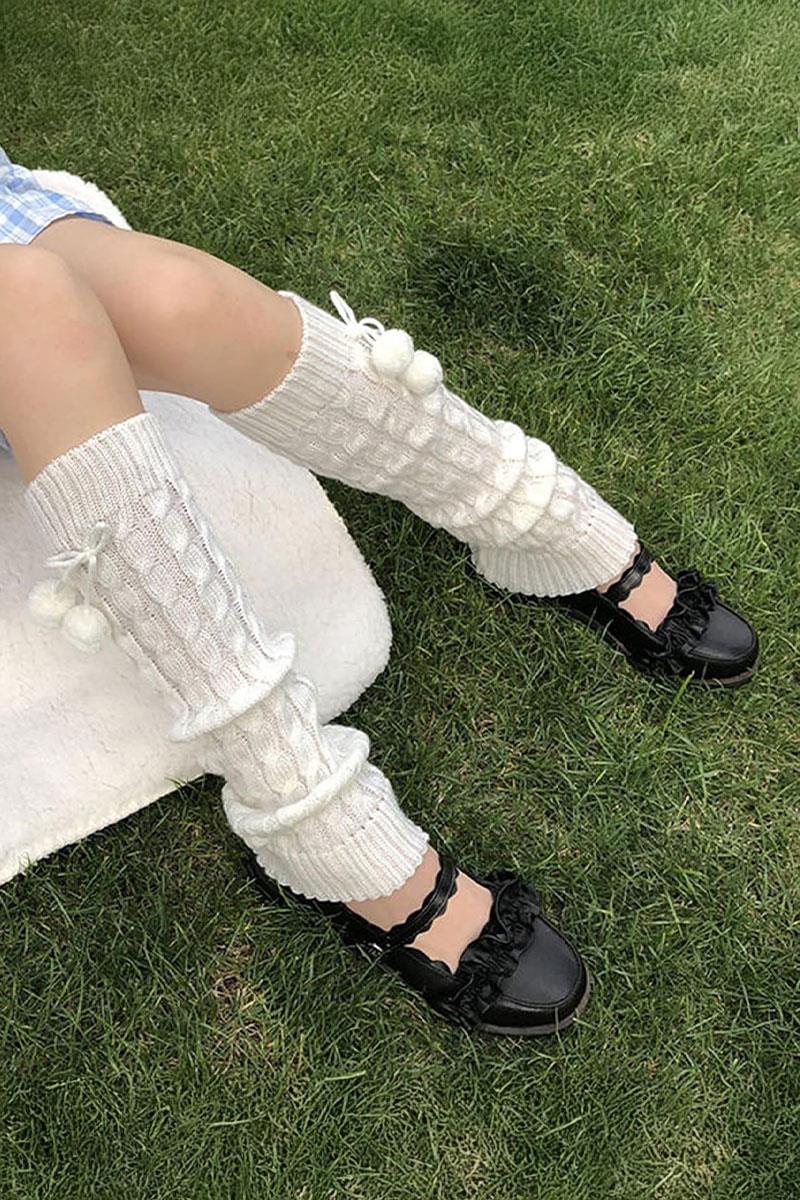 Beyaz Kawaii Ponponlu Örgü Tozluk