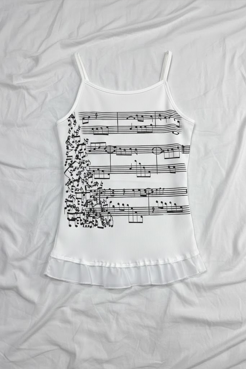 Beyaz Nota Desenli Y2K Askılı Crop