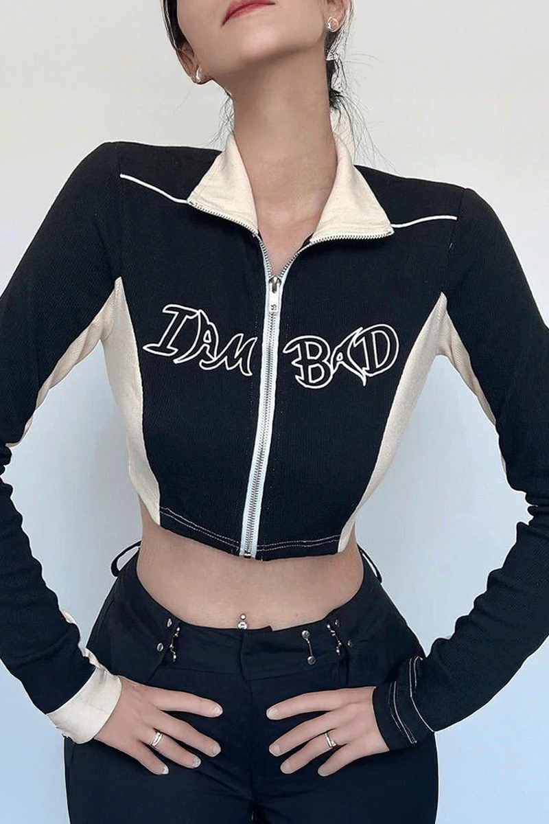 Beyaz Şeritli I Am Bad Fermuarlı Siyah Uzun Kollu Crop Hırka