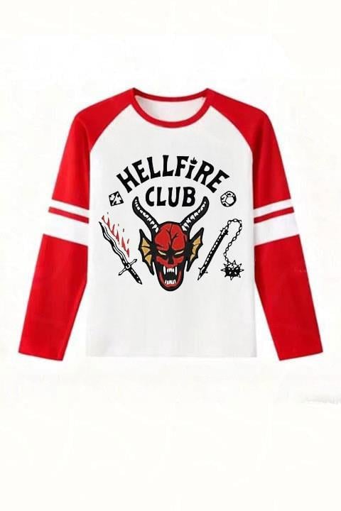 Beyaz Stranger Thigns Hellfire Club Kırmızı Raglan Beyaz Şeritli Unisex İnce Kumaş Sweatshirt