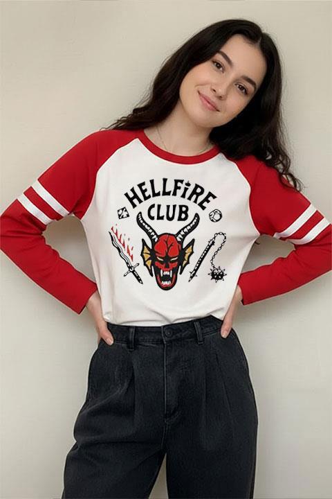 Beyaz Stranger Thigns Hellfire Club Kırmızı Raglan Beyaz Şeritli Unisex İnce Kumaş Sweatshirt