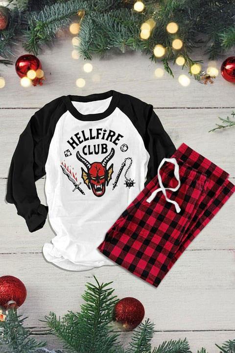 Beyaz Stranger Things Raglan Siyah Kollu Kırmızı Ekoseli Unisex Pijama Takımı 