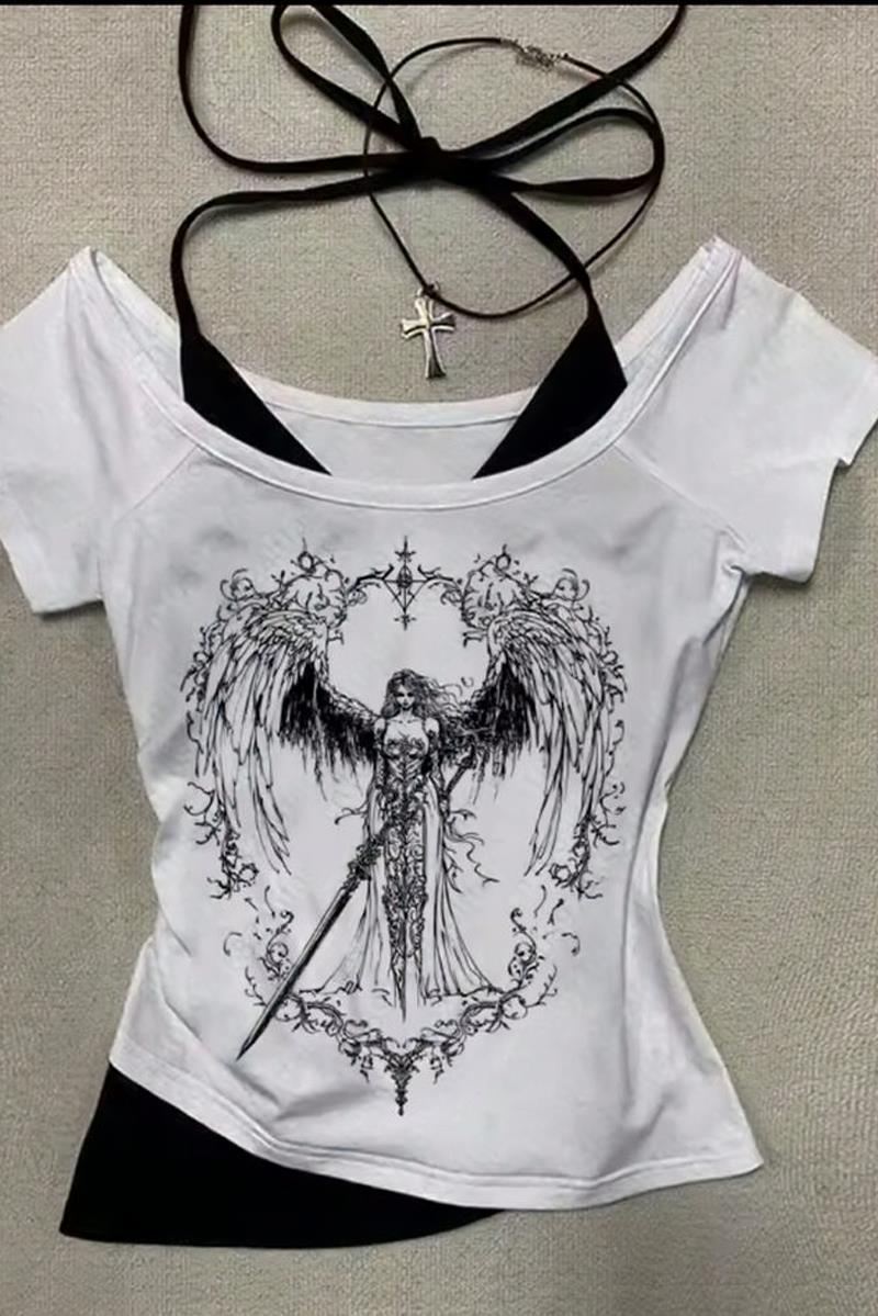 Beyaz Sword Warriror Angel Madonna Yaka Ek Askılı Kısa Kollu Full Body Crop