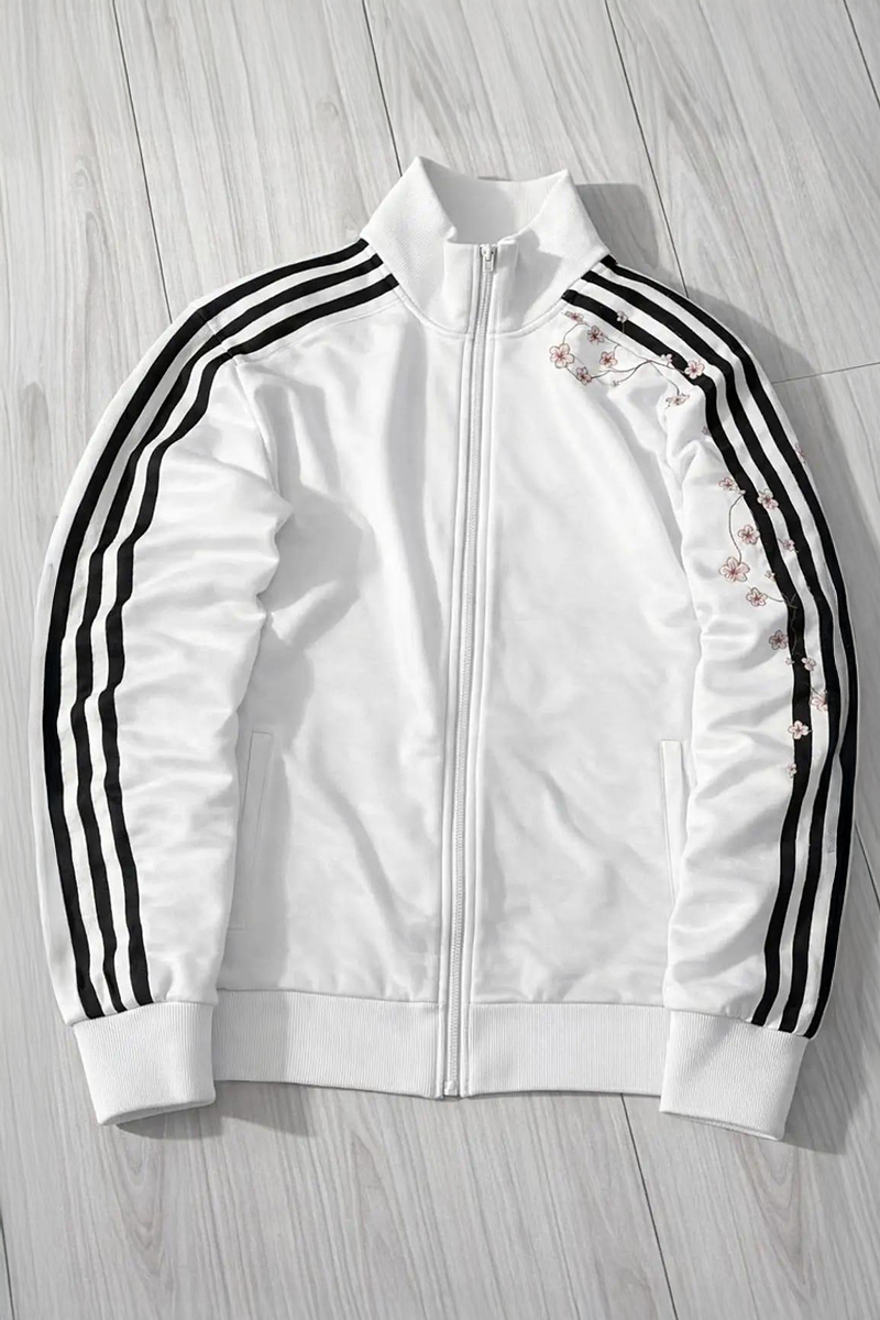 Beyaz Üç Şeritli Sakura Ağacı Y2K Unisex Hırka