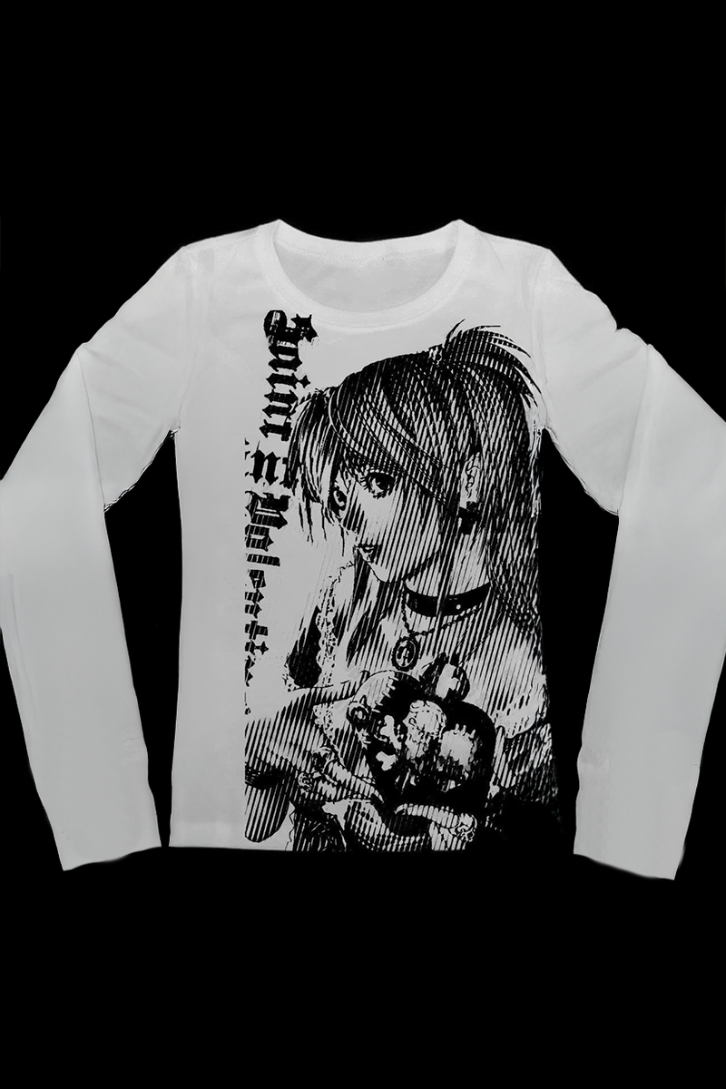 Beyaz Vintage Anime Misa Amane Saint Gotik Y2K Uzun Kollu Crop