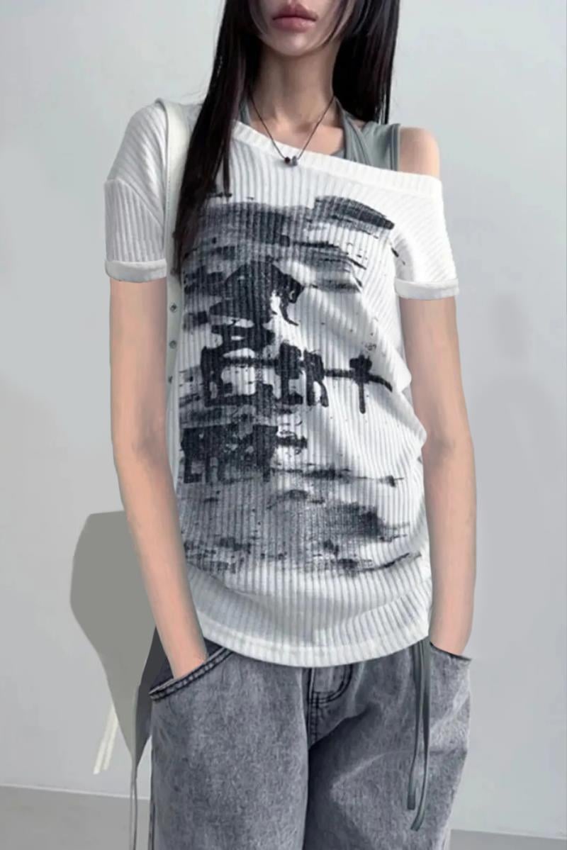 Beyaz Vintage Lost Omuz Dekolteli Kısa Kol T-shirt