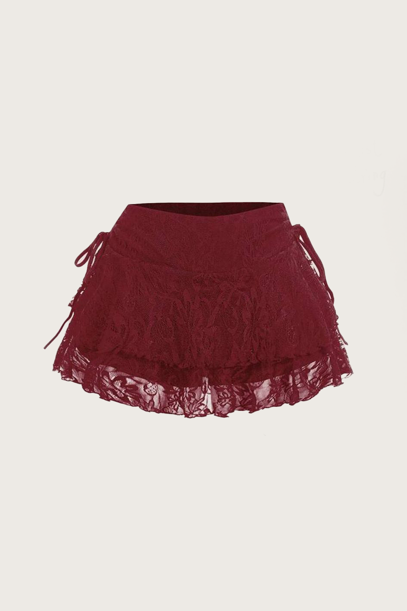 Bordo Coquette Katlı Fiyonklu Dantel Detaylı Y2K Mini Etek