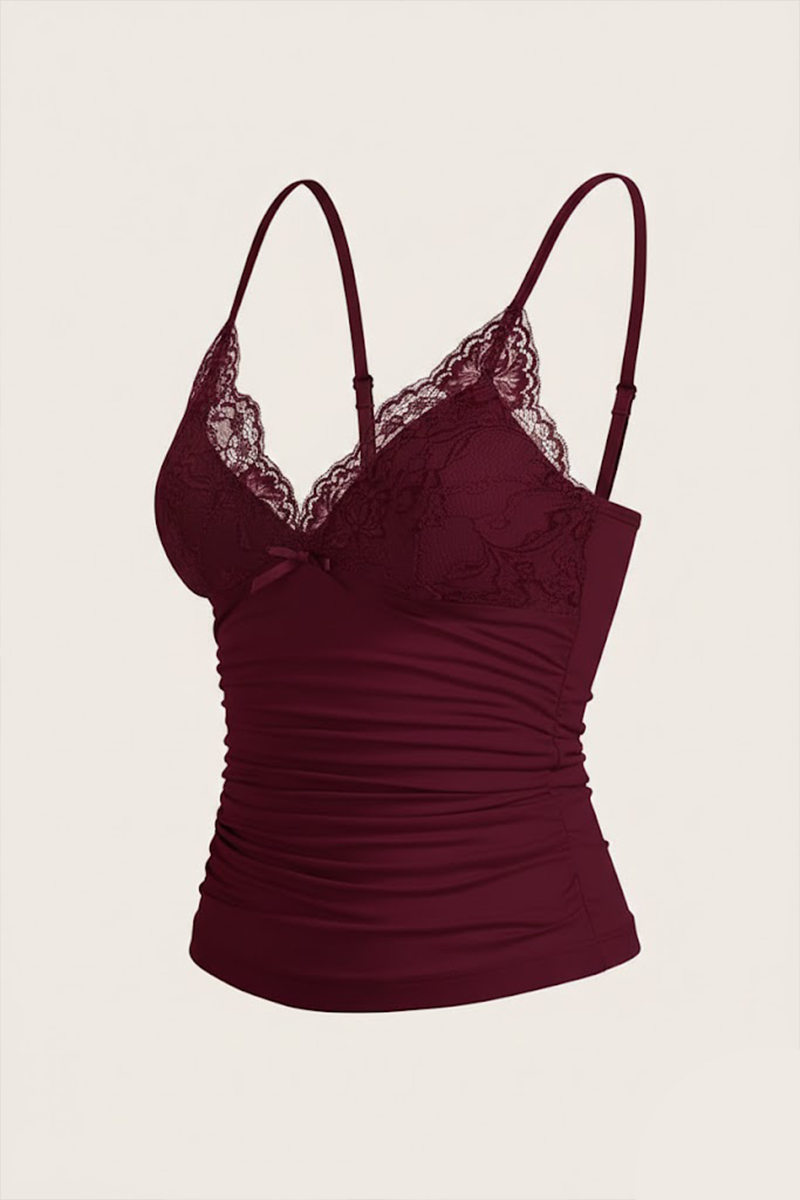 Bordo Dantel Detaylı Fiyonklu Y2K Askılı Crop