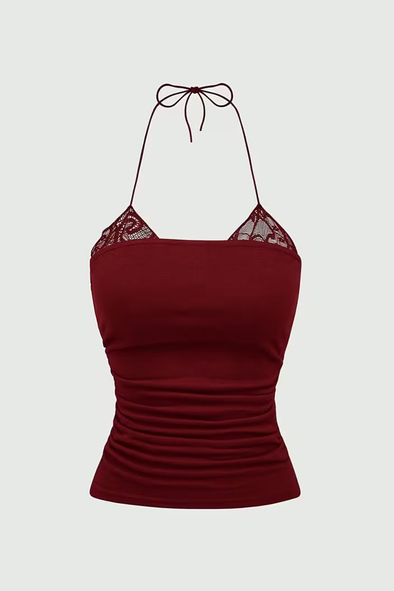 Bordo Dantel Ekli Bağlamalı Y2K Askılı Crop