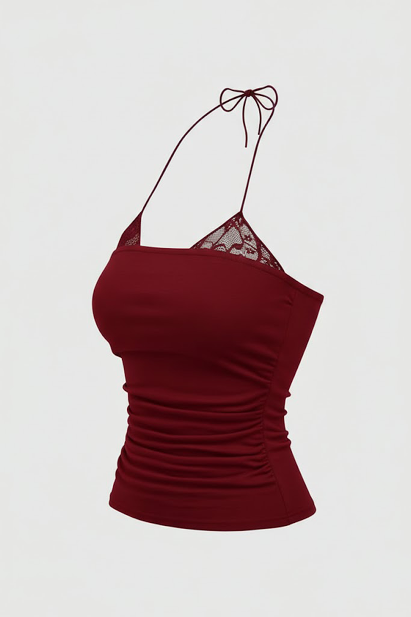 Bordo Dantel Ekli Bağlamalı Y2K Askılı Crop