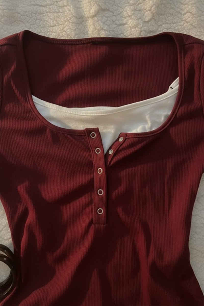 Bordo Henley Yaka Ekli Y2K Kısa Kollu Crop