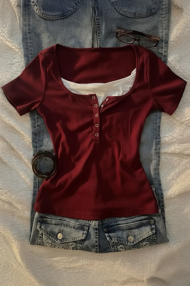 Bordo Henley Yaka Ekli Y2K Kısa Kollu Crop