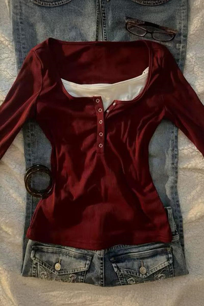 Bordo Henley Yaka Ekli Grunge Y2K Uzun Kollu Crop