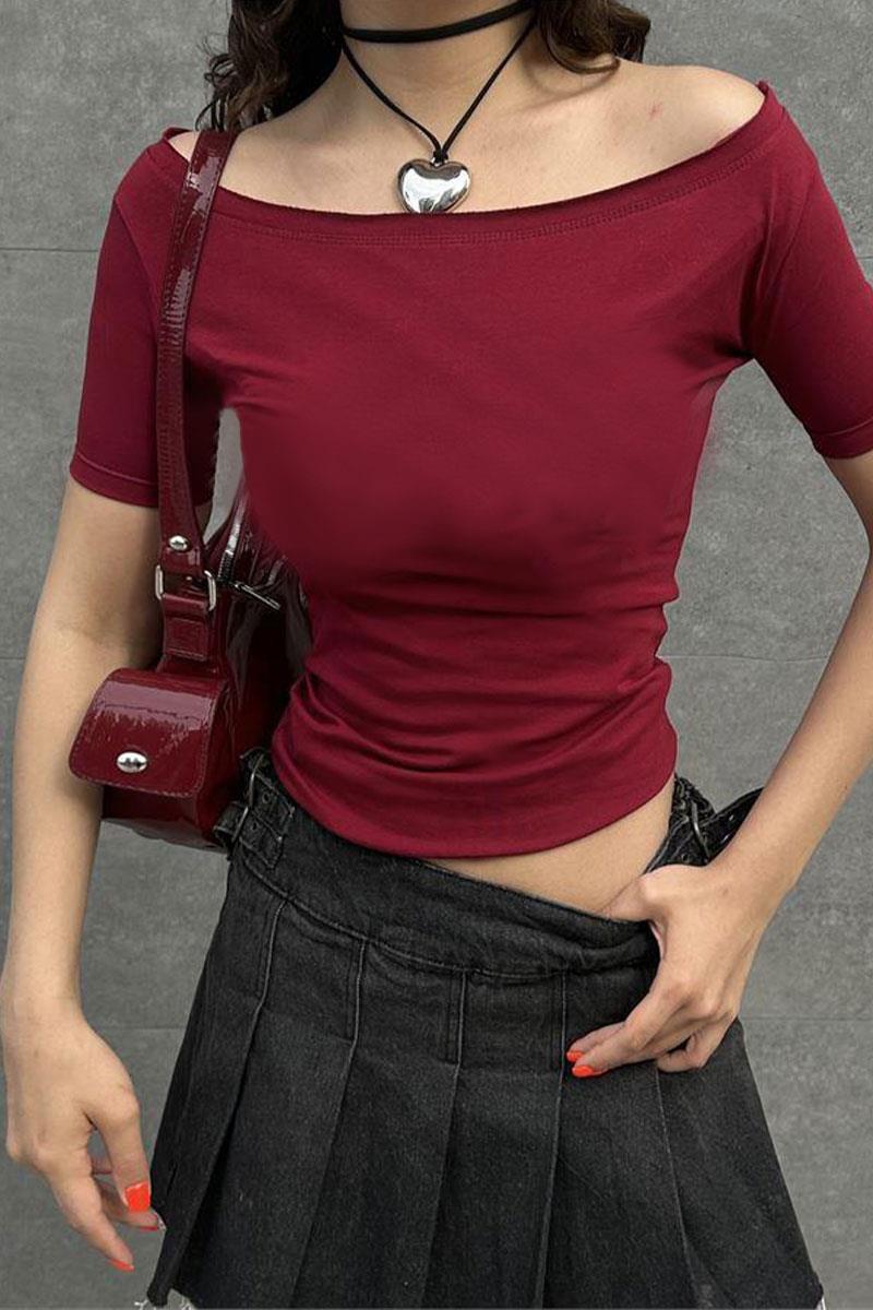 Bordo Madonna Yaka  Kısa Kollu Crop Bluz