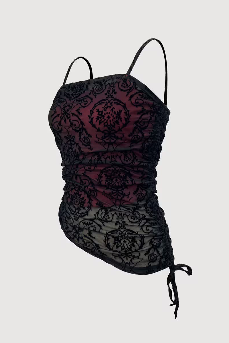 Bordo Transparan Dantelli Desenli Gotik Y2K Askılı Crop