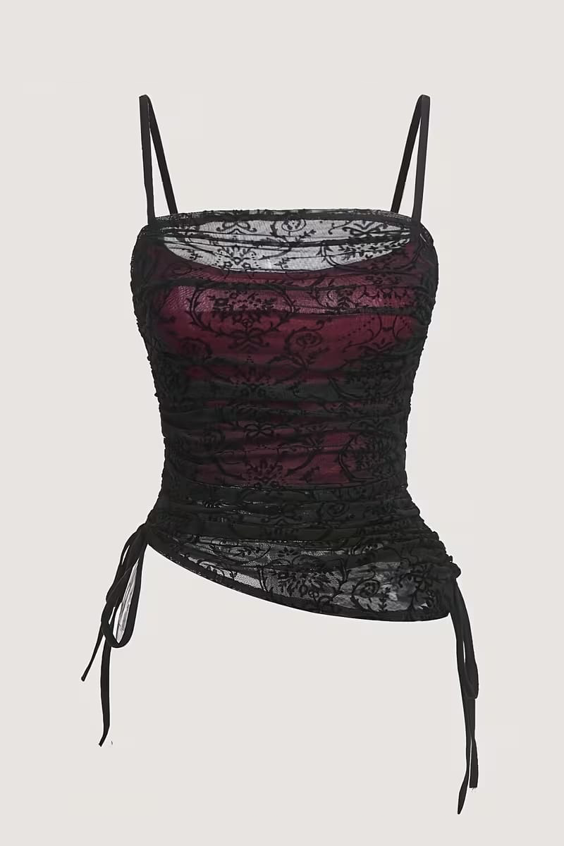 Bordo Transparan Dantelli Desenli Gotik Y2K Askılı Crop