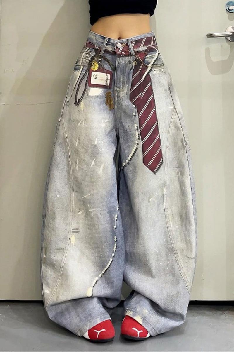 Buz Mavisi Kravat Baskılı Wide Leg Unisex Baggy Pantolon