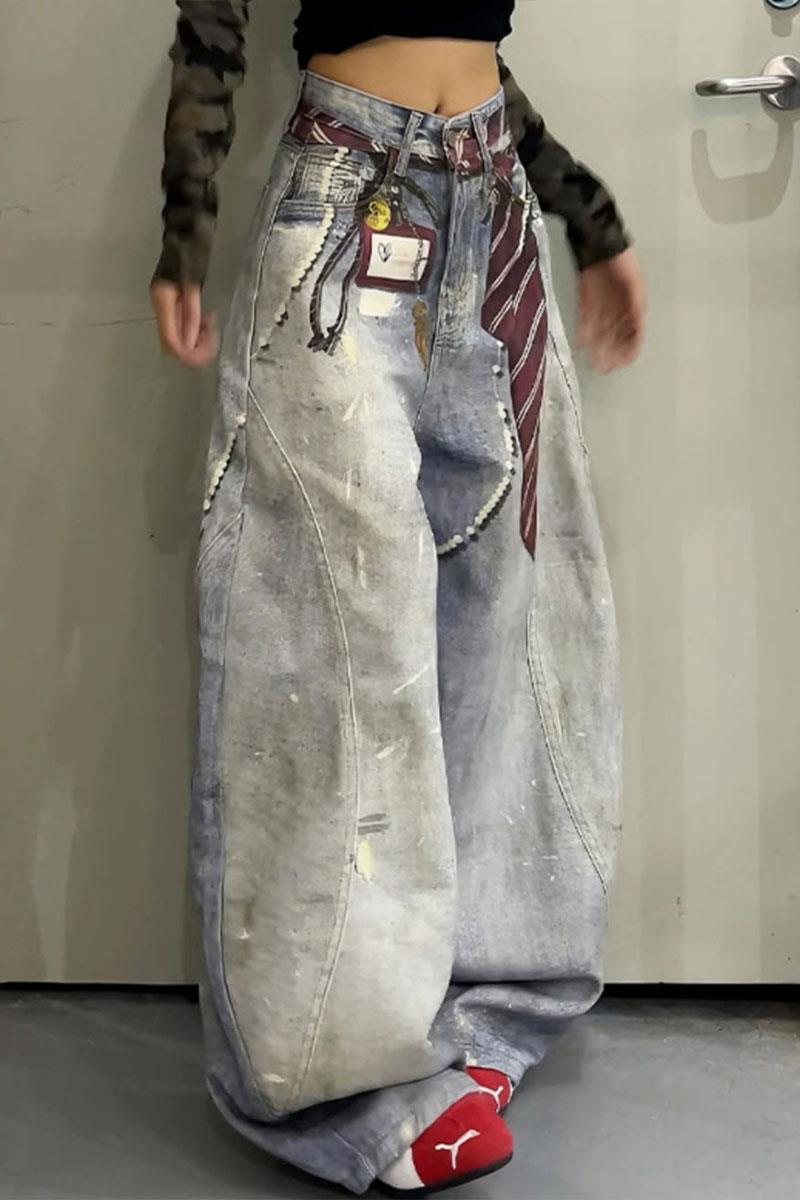 Buz Mavisi Kravat Baskılı Wide Leg Unisex Baggy Pantolon