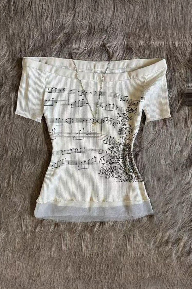 Ekru Nota Desenli Y2K Kısa Kollu Crop