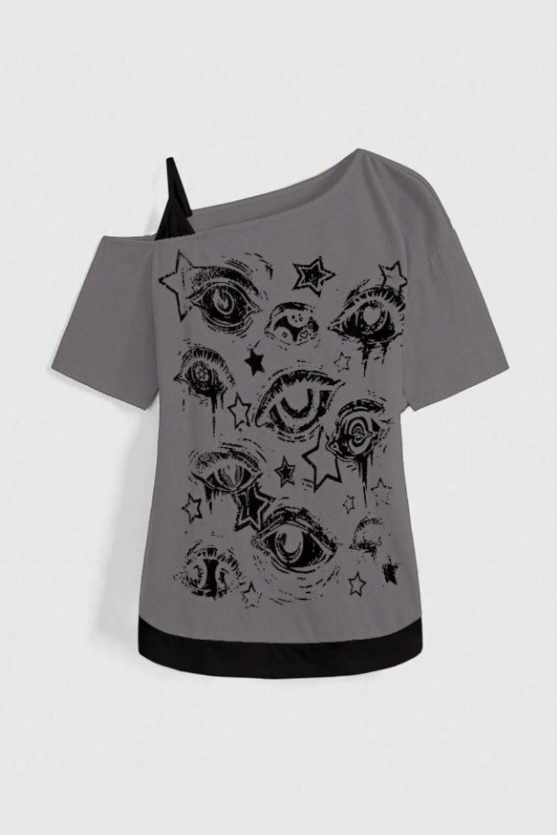 Füme Gothic Eye Collage Ek Askılı Kısa Kollu Crop