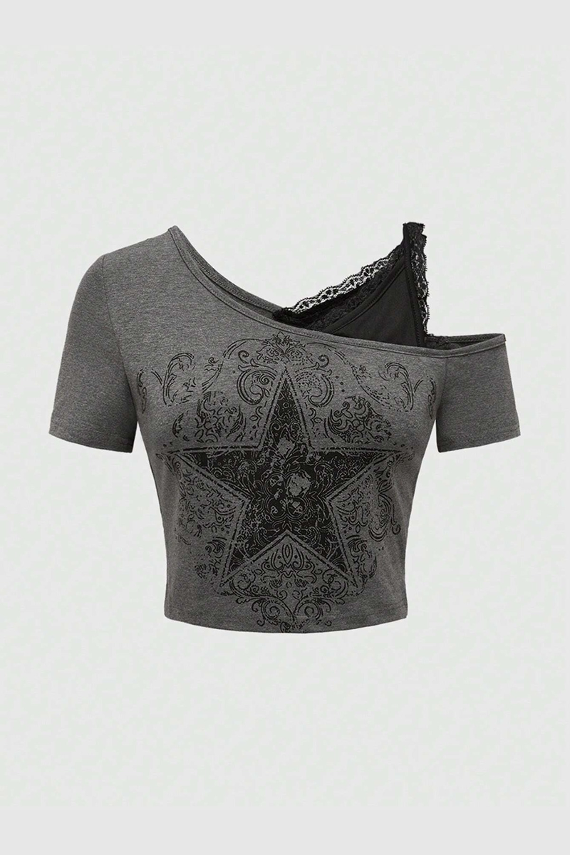 Füme Gothic Star Ek Askılı Kısa Kollu Crop