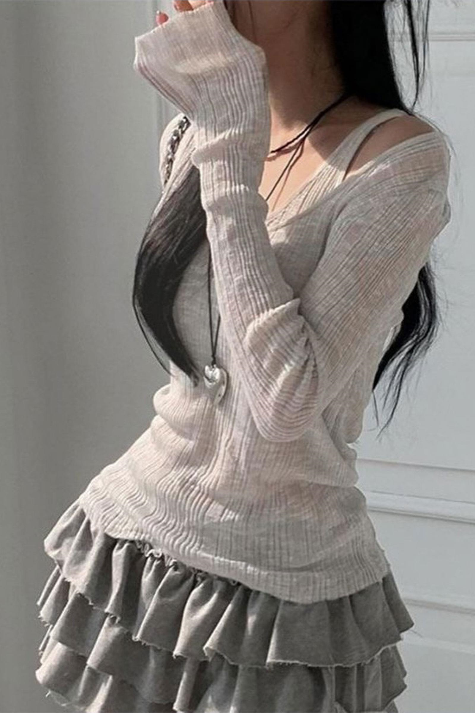 Gri Ek Askılı Madonna Yaka Harajuku Grunge Y2K Uzun Kollu Crop