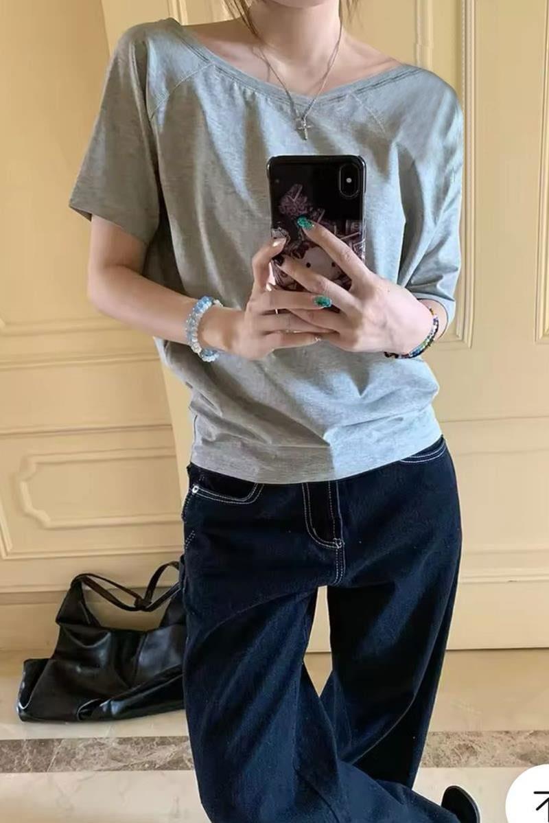 Gri Melanj Basic Düşük Omuz Kısa Kol T-shirt