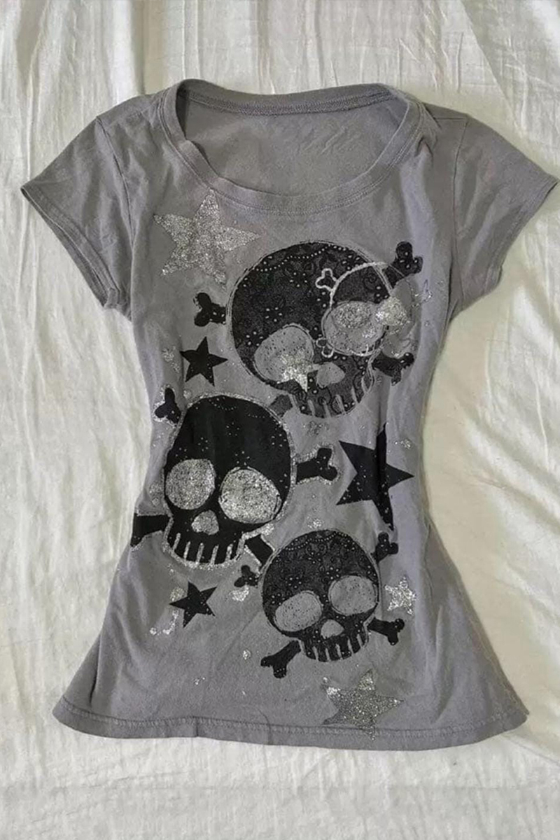 Gri Skull Yıldız Detaylı Grunge Y2K Kısa Kollu Crop
