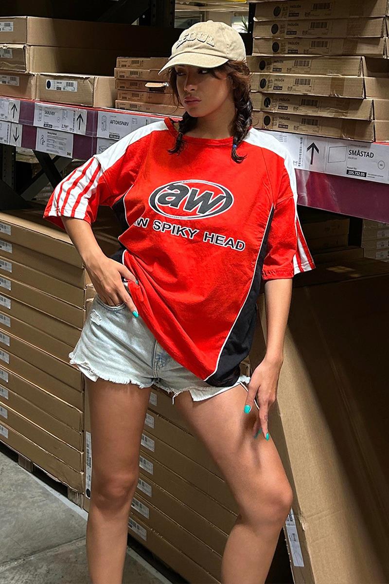 Kırmızı Aw Spiky Head Bej Parçalı Şerit Detay Unisex T-Shirt