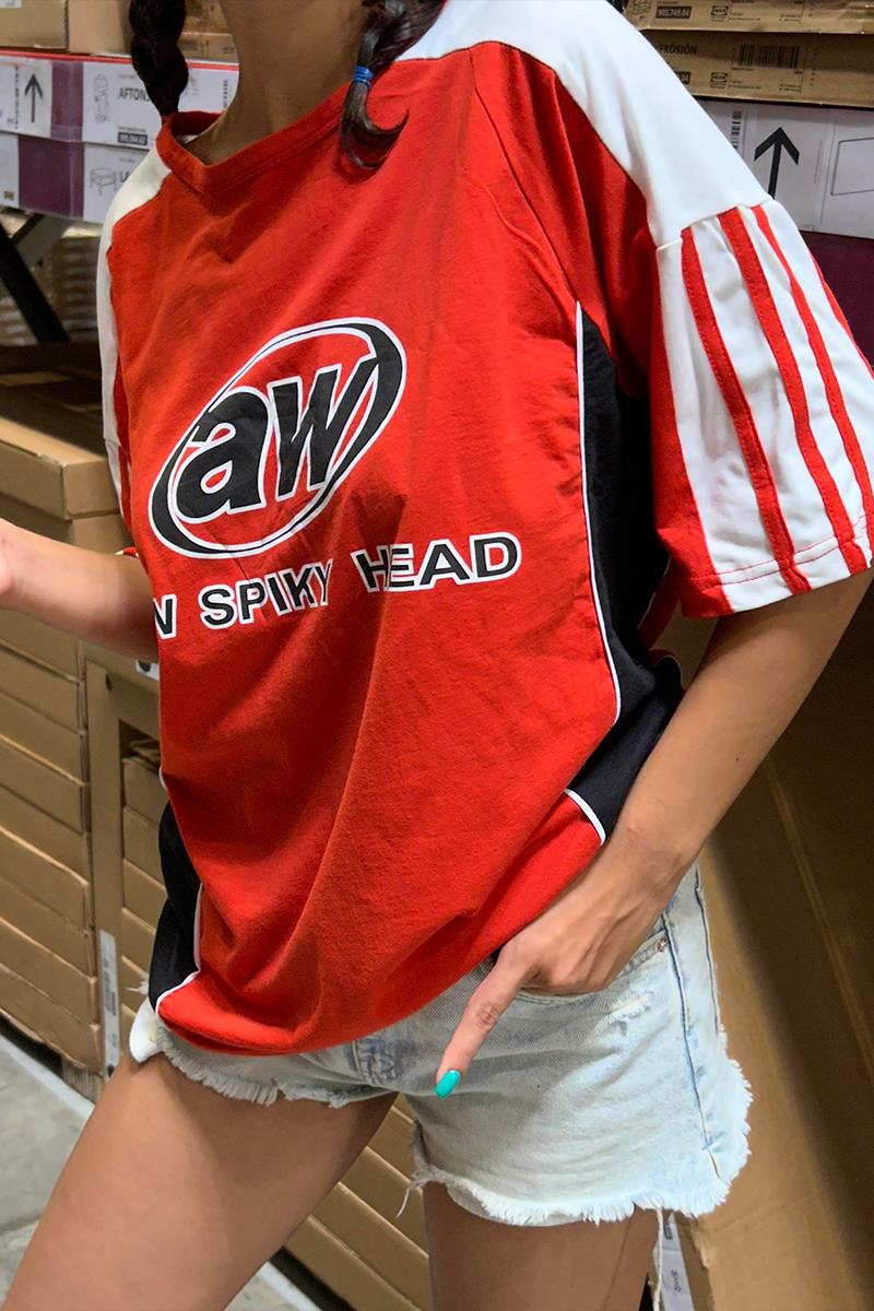 Kırmızı Aw Spiky Head Bej Parçalı Şerit Detay Unisex T-Shirt