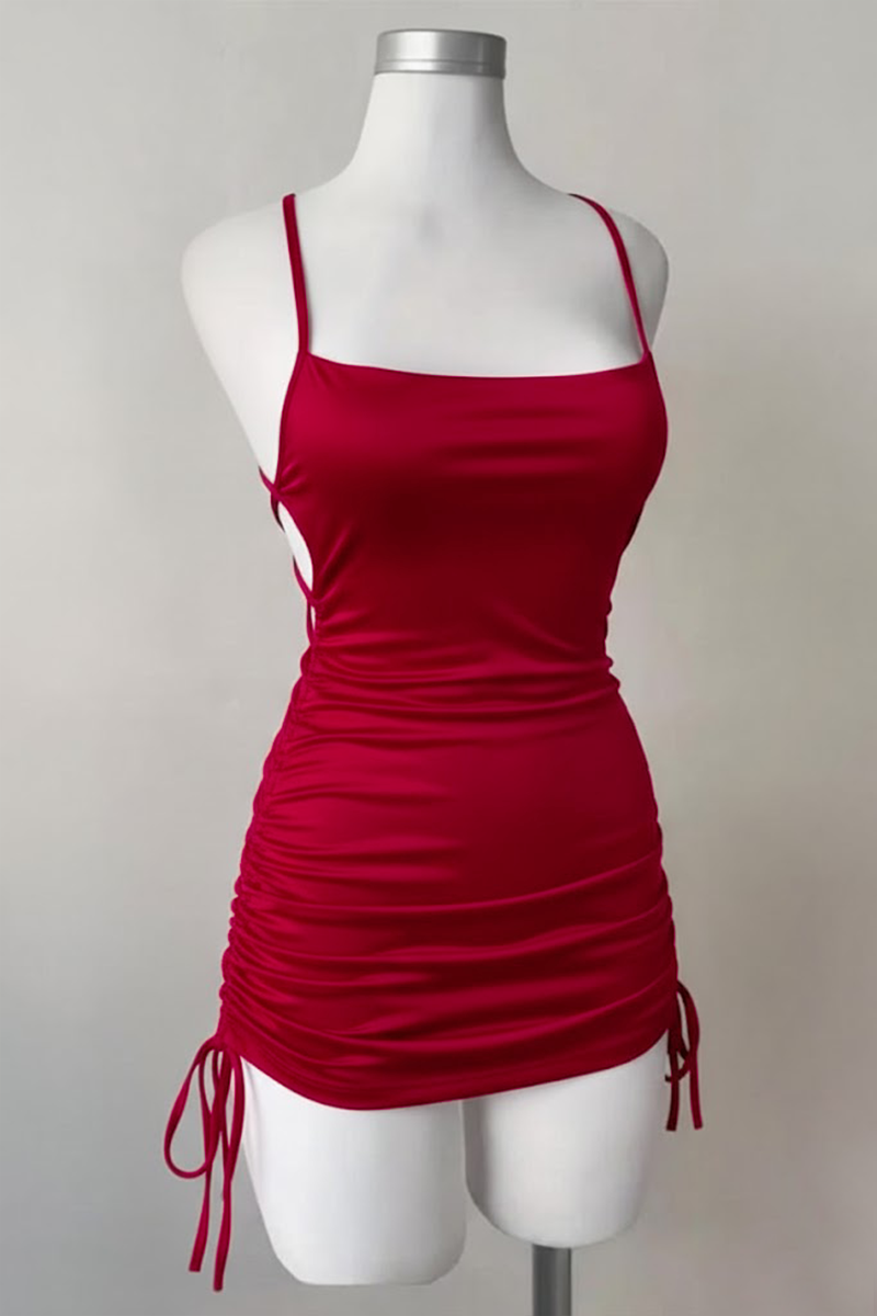 Kırmızı Büzgülü Sırt İpli & Dekolteli Askılı Gotik Y2K Saten Elbise