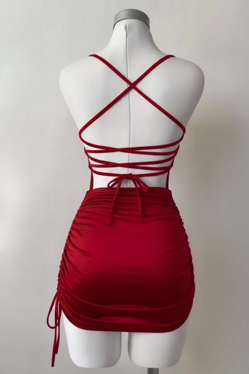 Kırmızı Büzgülü Sırt İpli & Dekolteli Askılı Gotik Y2K Saten Elbise