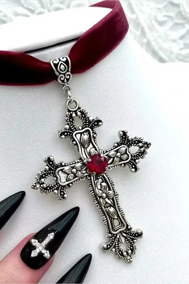 Kırmızı Gothic Cross Vintage Kadife Tasma